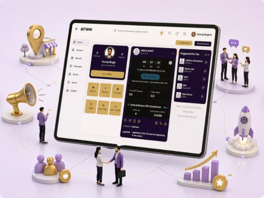 Bitwin dashboard surrounded by business, promotion and growth illustrations